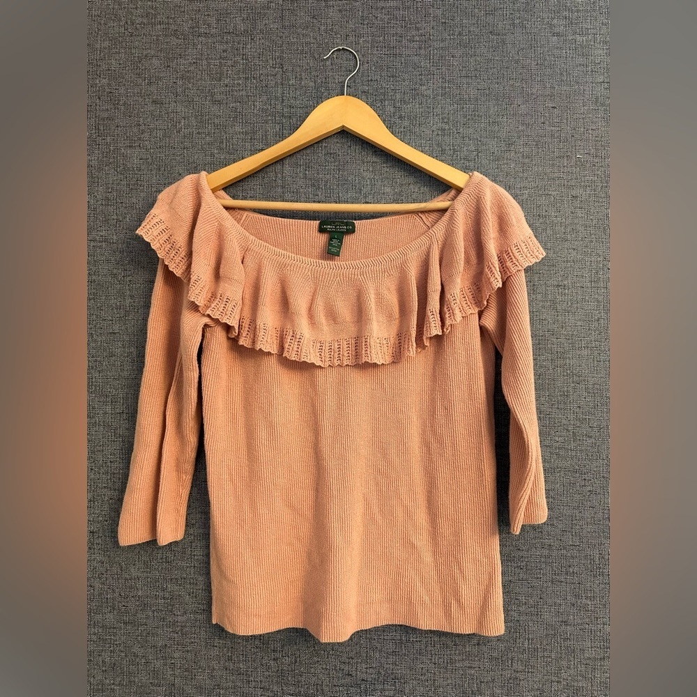 90s Ralph Lauren Peach Ruffled Sweater 100 Percent Cotton Size Large - Picture 2 of 9